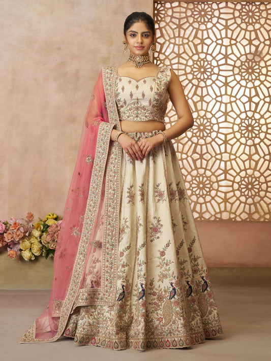 White modern zari silk Fabric with Sequinse and Thread embroidery Semi-Stitched Lehenga choli and Dupatta