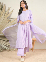 Women Lavender Floral Embroidered Regular Thread Work Kurta with Palazzos & With Dupatta