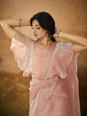Adorable Baby Pink Ruffles Organza Ready To Wear Saree With Blouse