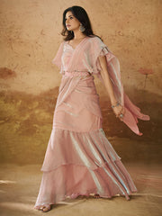 Adorable Baby Pink Ruffles Organza Ready To Wear Saree With Blouse