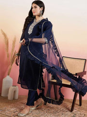 Navy Blue Ethnic Motifs Yoke Design Chanderi Cotton Kurta With Trousers & Dupatta