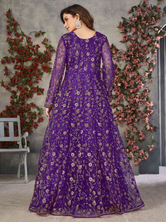 Purple Net Embroidered Sequins High Slit A line Anarkali Suit Festive Wear