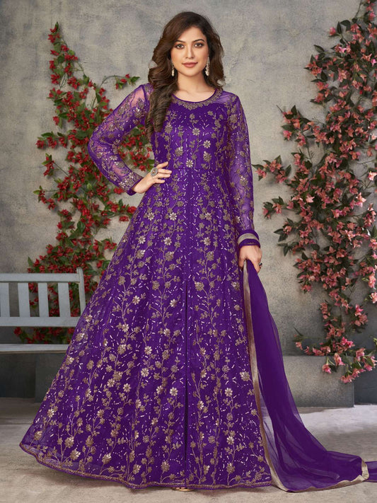 Purple Net Embroidered Sequins High Slit A line Anarkali Suit Festive Wear