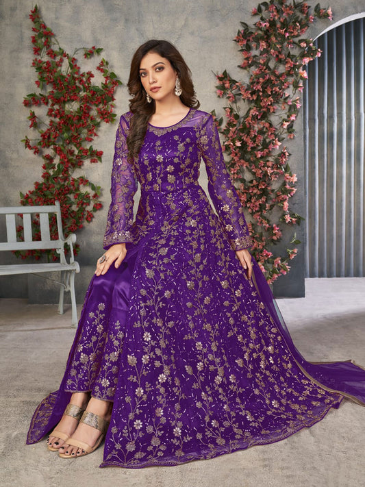 Purple Wedding Function Pant Style Anarkali Suit