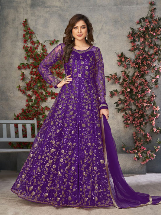 Purple Wedding Function Pant Style Anarkali Suit