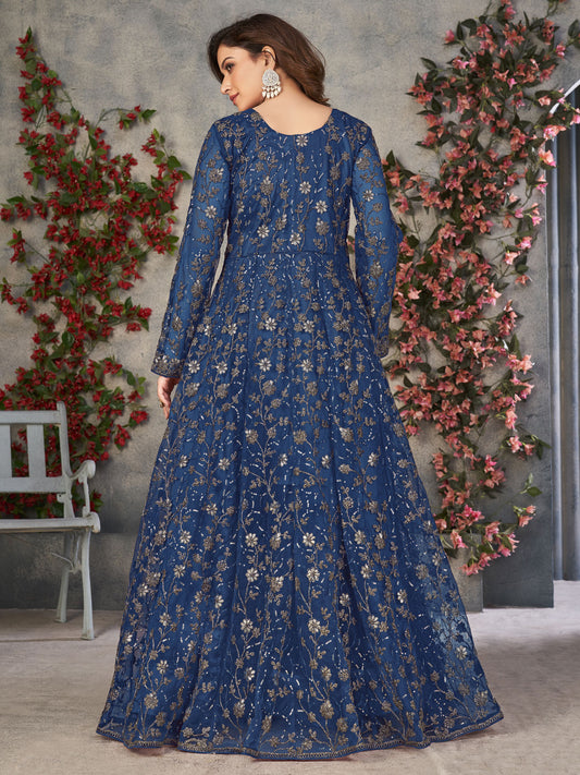 Teal Blue Net Embroidered Sequins High Slit A line Anarkali Suit Festive Wear