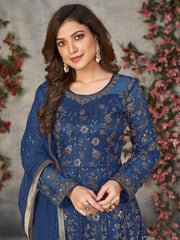 Teal Blue Net Embroidered Sequins High Slit A line Anarkali Suit Festive Wear