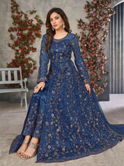 Teal Blue Net Embroidered Sequins High Slit A line Anarkali Suit Festive Wear
