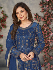 Blue Wedding Function Pant Style Anarkali Suit