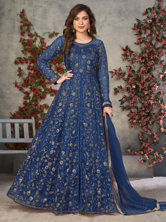 Teal Blue Net Embroidered Sequins High Slit A line Anarkali Suit Festive Wear
