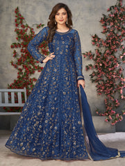 Teal Blue Net Embroidered Sequins High Slit A line Anarkali Suit Festive Wear