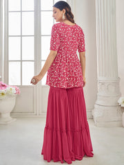 Peach Floral Embroidered Pleated Thread Work Kurta With Sharara