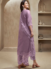 Amyra Dastur Lavender Floral Embroidered Regular Thread Work A-Line Kurta with Trousers & Dupatta
