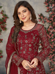 Red Net Embroidered Sequins High Slit A line Anarkali Suit Festive Wear