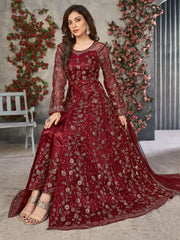 Red Net Embroidered Sequins High Slit A line Anarkali Suit Festive Wear