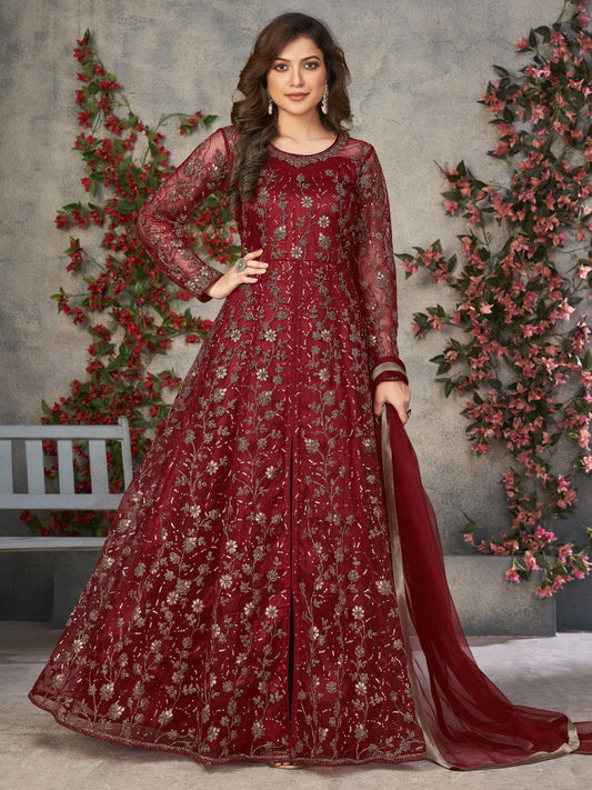 Red Net Embroidered Sequins High Slit A line Anarkali Suit Festive Wear