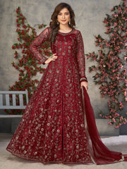 Red Net Embroidered Sequins High Slit A line Anarkali Suit Festive Wear