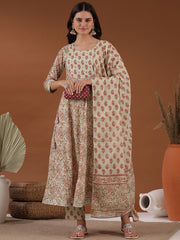 Beige Floral Printed Empire Gotta Patti Anarkali Kurta with Trousers & With Dupatta
