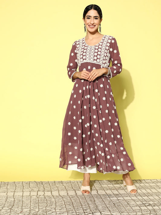 Mauve Floral Embroidered Thread Work Georgette Anarkali Kurta with Inner