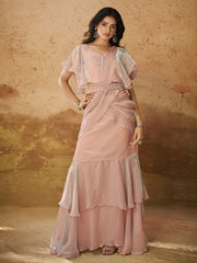 Adorable Baby Pink Ruffles Organza Ready To Wear Saree With Blouse