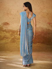 Demanding Blue Hand Work Organza Ready To Wear Saree With Blouse