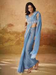 Demanding Blue Hand Work Organza Ready To Wear Saree With Blouse