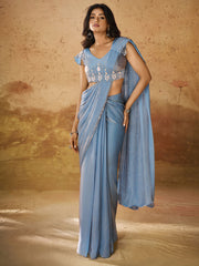 Demanding Blue Hand Work Organza Ready To Wear Saree With Blouse