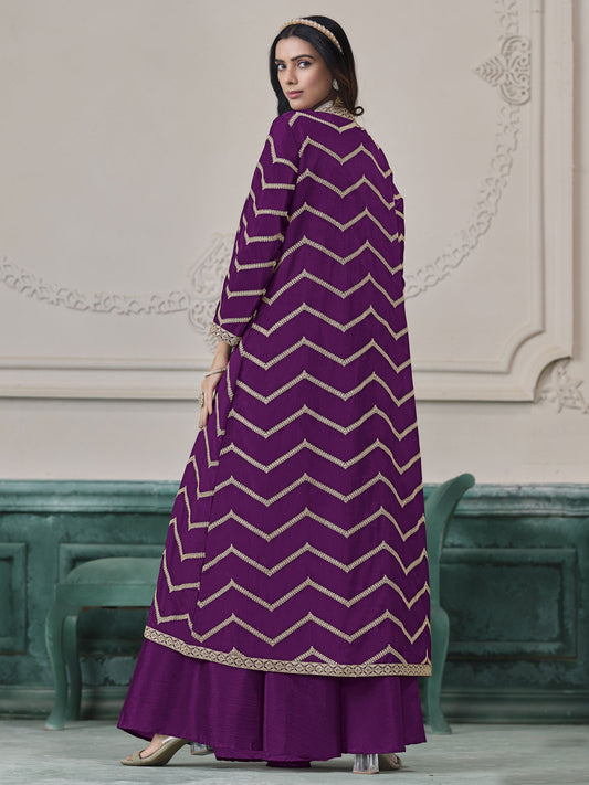 Purple Chinon Embroidered Indowestern Sets and Suits Festive Wear