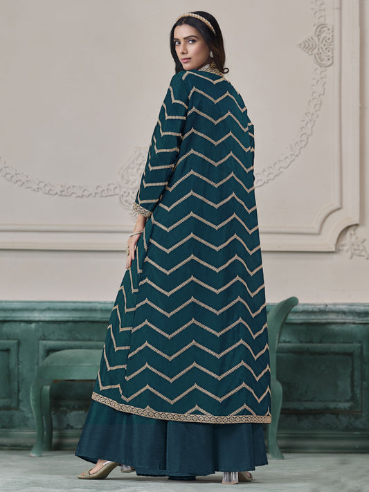 Dark Teal Chinon Embroidered Indowestern Sets and Suits Festive Wear