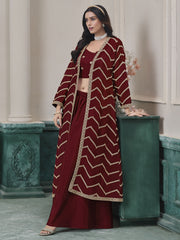 Maroon Chinon Embroidered Indowestern Sets and Suits Festive Wear