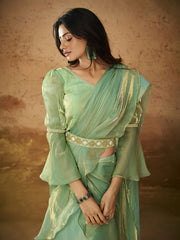 Majestic Pista Color Ruffles Work Organza Ready To Wear Saree With Blouse