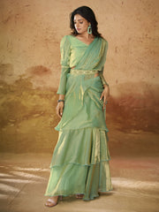 Majestic Pista Color Ruffles Work Organza Ready To Wear Saree With Blouse