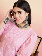 Pink & White Floral Embroidered Thread Work Pure Cotton Straight Kurta & Trouser