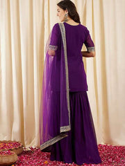 Purple Ethnic Motifs Embroidered Regular Sequined Kurti with Sharara & Dupatta