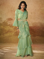 Majestic Pista Color Ruffles Work Organza Ready To Wear Saree With Blouse