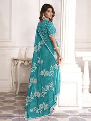Blue And White Ethnic Motifs Embroidered Organza Saree