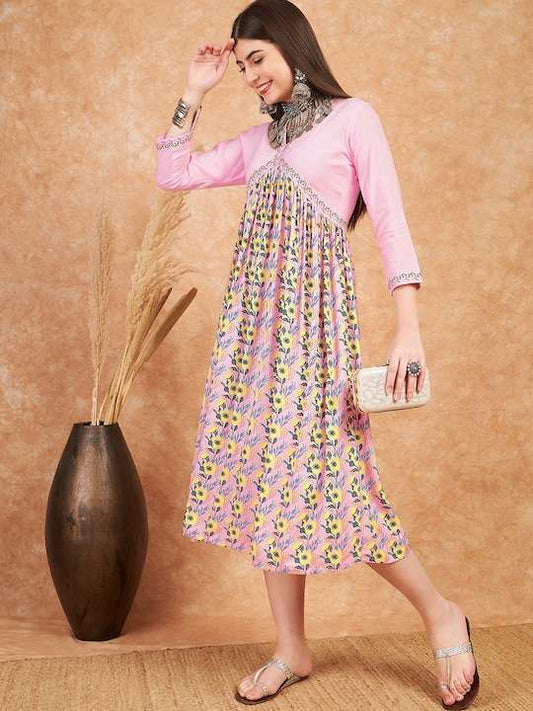 Floral Printed Flared Midi-Length Ethnic Cotton Dress