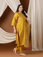 Plus Size Woven Design Straight Kurta With Trousers & Dupatta