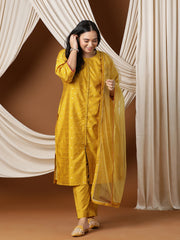Plus Size Woven Design Straight Kurta With Trousers & Dupatta