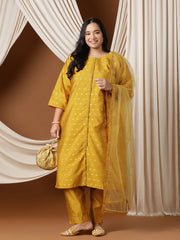 Plus Size Woven Design Straight Kurta With Trousers & Dupatta
