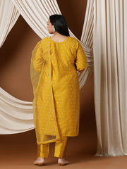Plus Size Woven Design Straight Kurta With Trousers & Dupatta