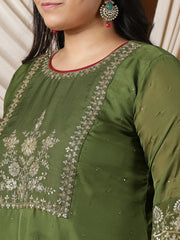 Women Floral Embroidered Regular Mukaish Kurta with Trousers & With Dupatta