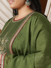 Women Floral Embroidered Regular Mukaish Kurta with Trousers & With Dupatta