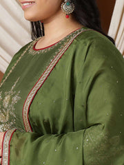 Women Floral Embroidered Regular Mukaish Kurta with Trousers & With Dupatta