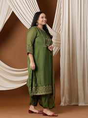 Women Floral Embroidered Regular Mukaish Kurta with Trousers & With Dupatta