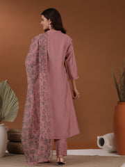 Mandarin Collar A Line Kurta & Trousers With Dupatta