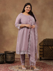 Plus Size Floral Embroidered Thread Work A-Line Kurta With Trousers & Dupatta