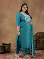 Plus Size Floral Yoke Design Thread Work Straight Kurta With Trouser & Dupatta