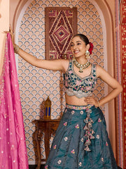 Teal Tissue Fabric Sequins embroidery Semi Stitched Lehenga & Unstitched Blouse With Dupatta