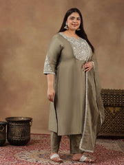 Plus Size Floral Embroidered Thread Work Kurta With Trousers & Dupatta